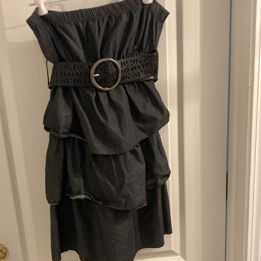 Denim belted ruffle dress